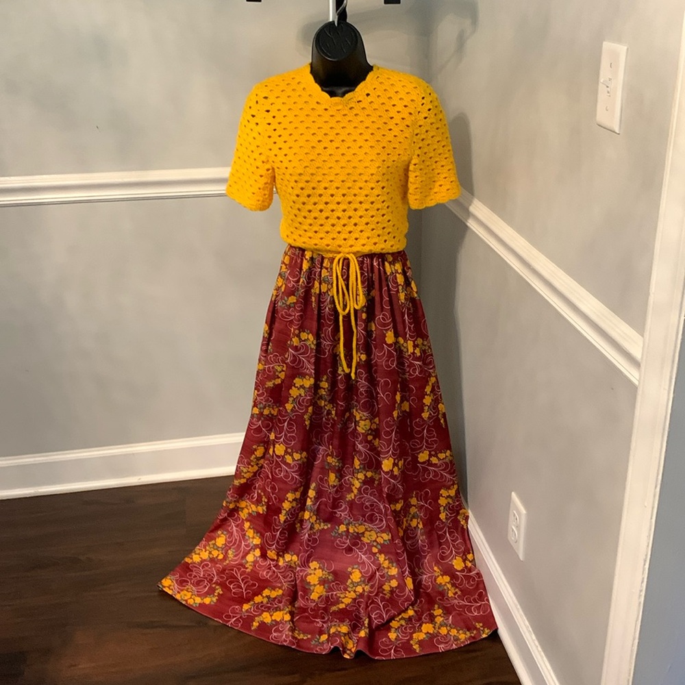 Vintage Handmade Crochet Top Printed Maxi Dress with Shawl Size S - Picture 2 of 10